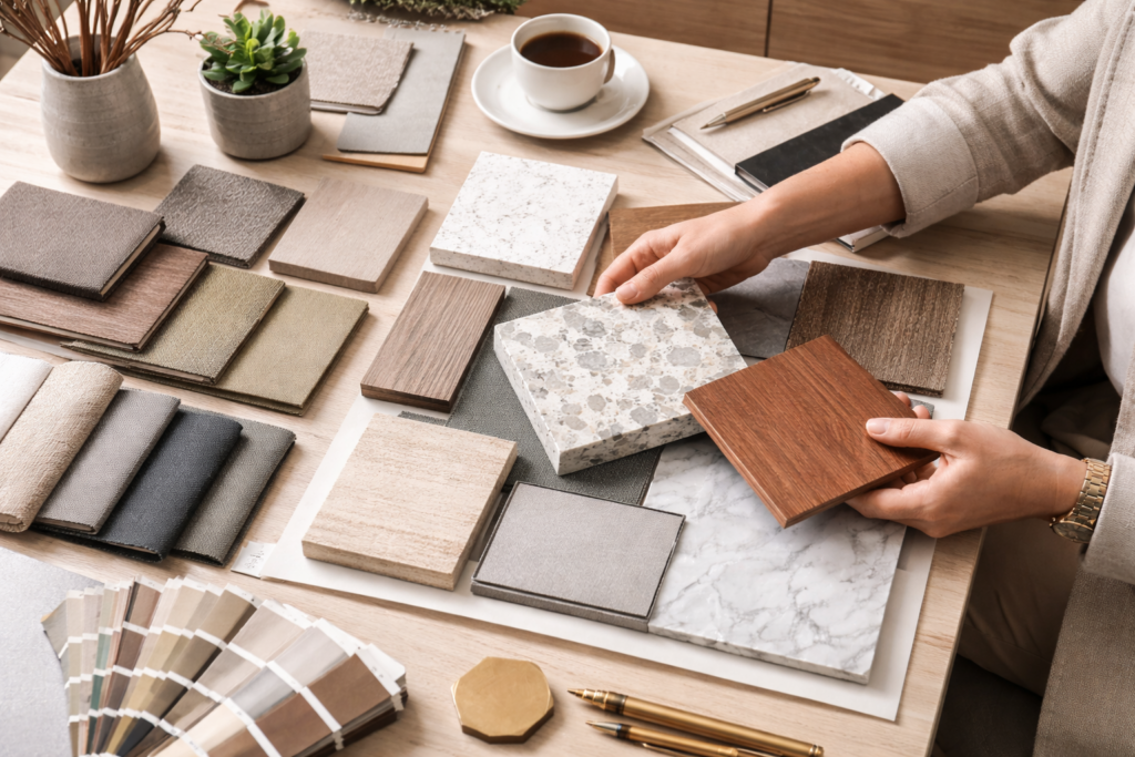 Interior designer reviewing material samples and finishes for home and commercial project — Maksideo Design Consultants