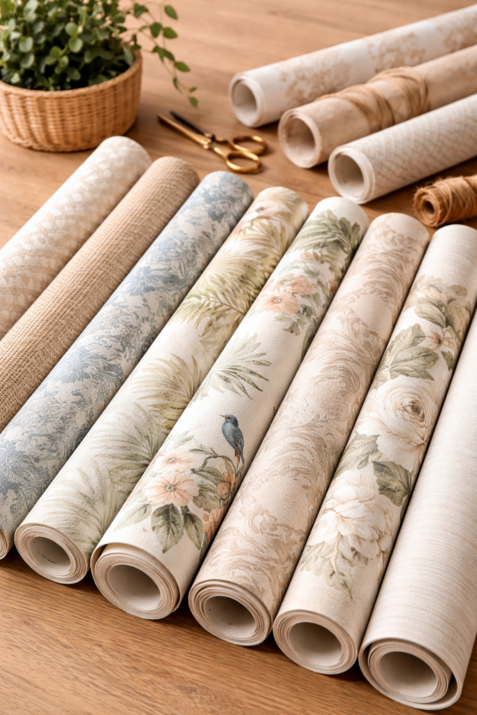 Different types of wallpaper samples including vinyl fabric and floral patterns
