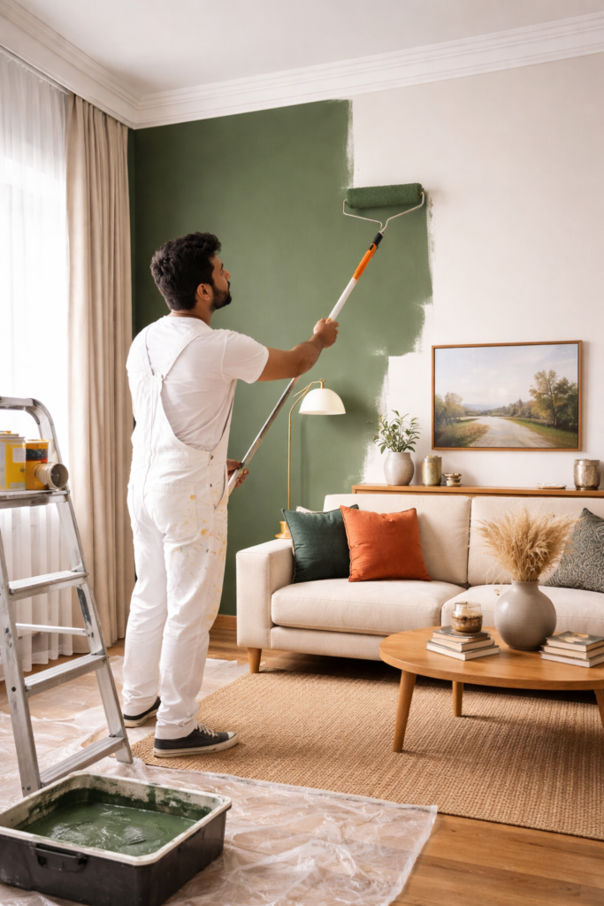 Wall paint application in modern Indian home interior