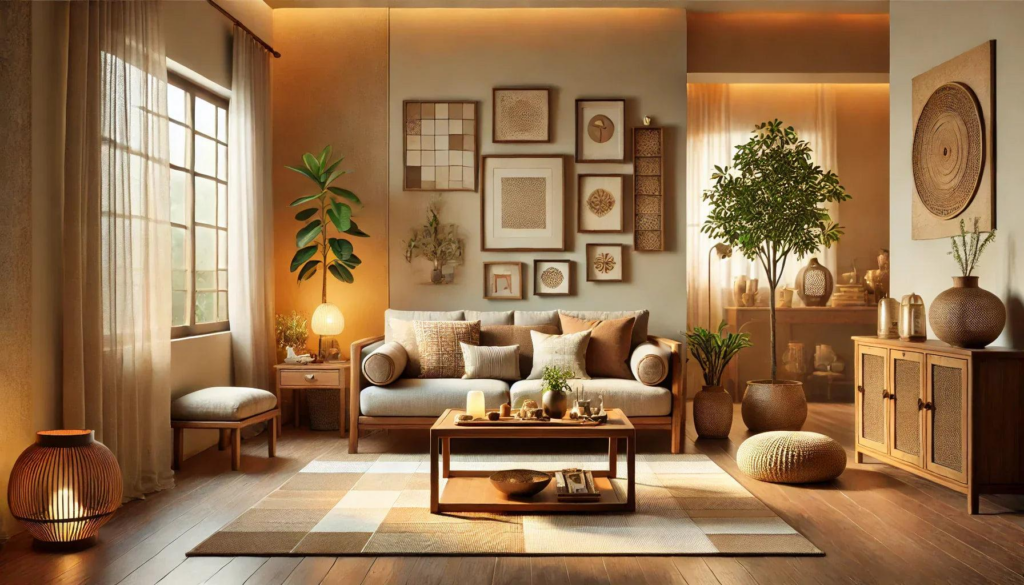 Natural wood and warm textures in cosy Indian home interior design