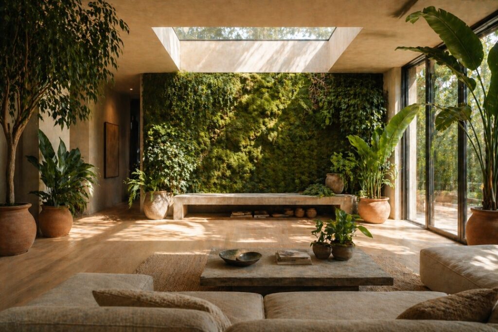 Biophilic interior with moss wall tropical plants terracotta pots and natural skylight light for nature-inspired interior design