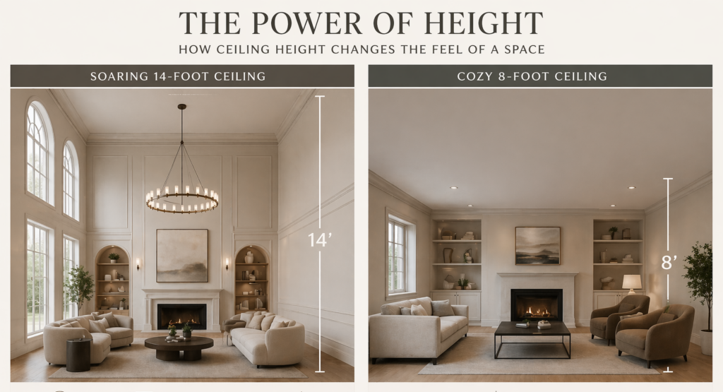 High ceiling vs low ceiling comparison showing spatial perception in interior design