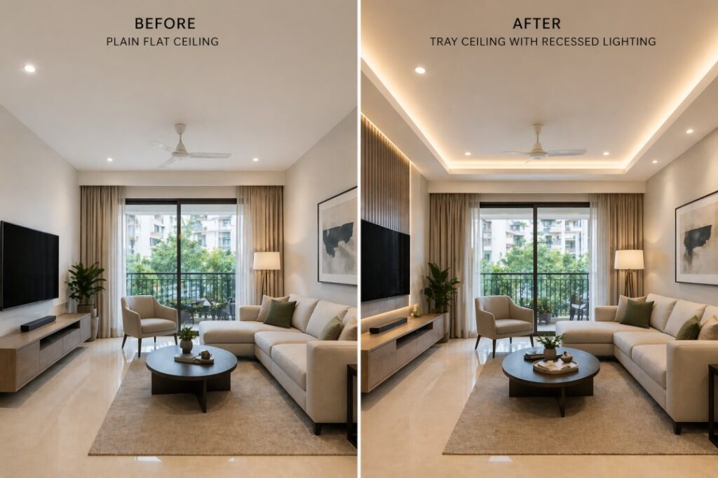 Elegant ceiling design transforming a living room interior by Maksideo Design Consultants