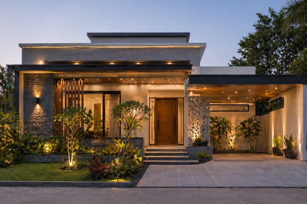 Contemporary Indian bungalow facade with modern architecture and urban design