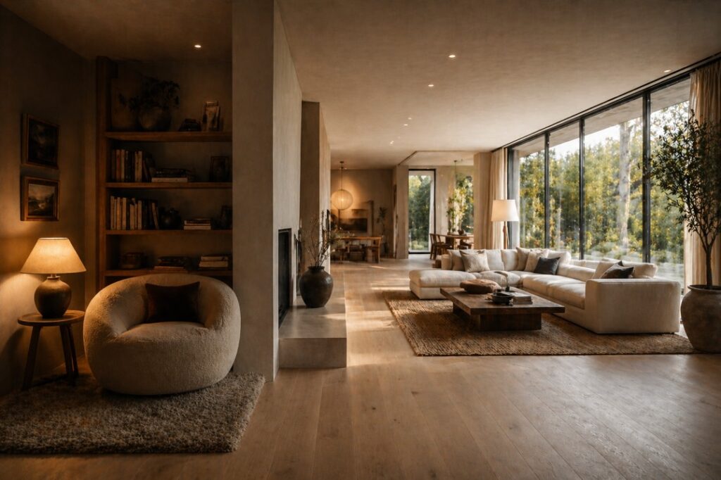 Open plan living space divided into a cosy reading nook and bright social seating area showing emotional zoning in interior design