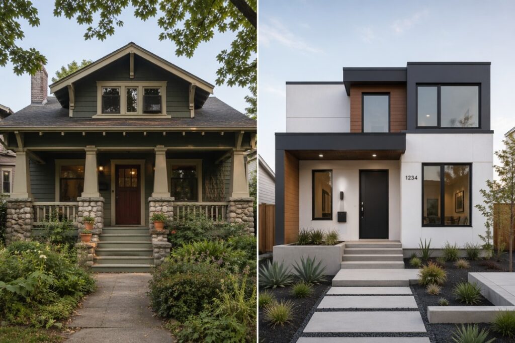 Traditional Craftsman bungalow versus modern bungalow architecture exterior design
