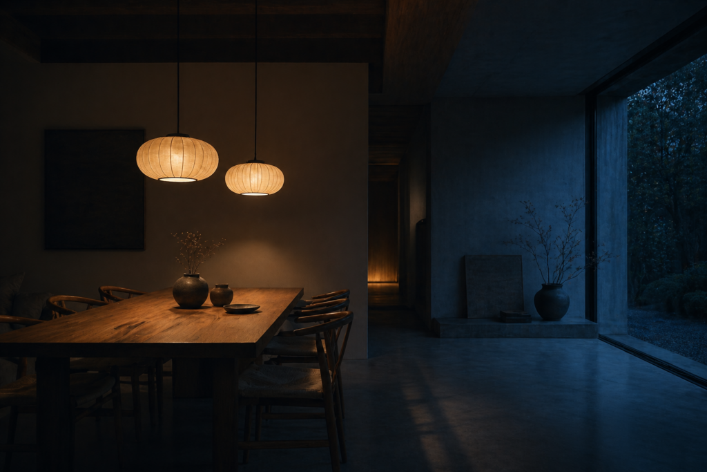 Dining room interior contrasting warm amber pendant lighting and cool natural window light showing mood-driven lighting design