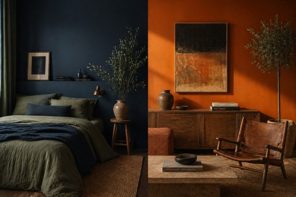 Split-tone interior showing calm blue-green bedroom and warm orange accent wall representing color psychology in interior design