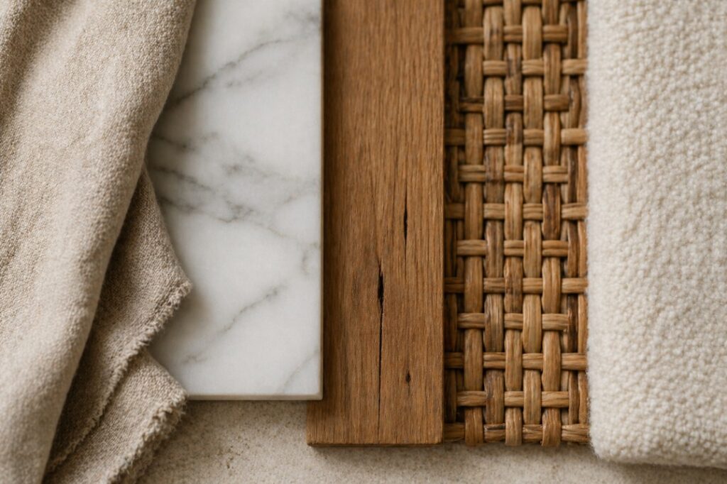 Flat lay of interior material swatches including linen fabric marble tile oak wood rattan and bouclé textile