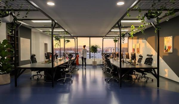 LED ceiling light natural light blend workspace