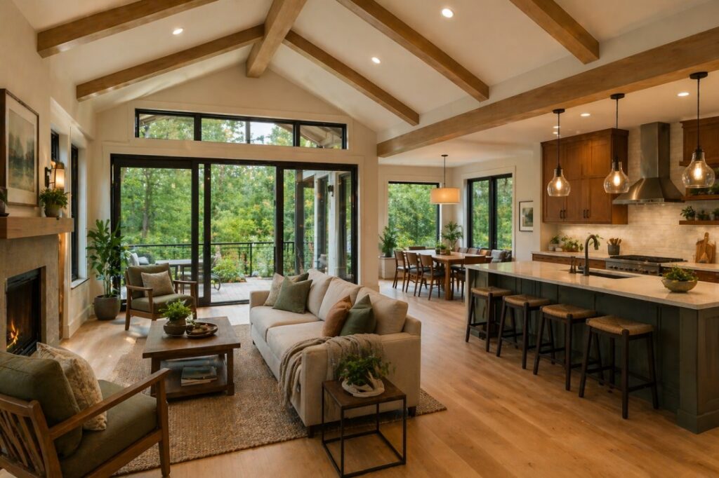 Open-concept bungalow interior with large windows and natural light