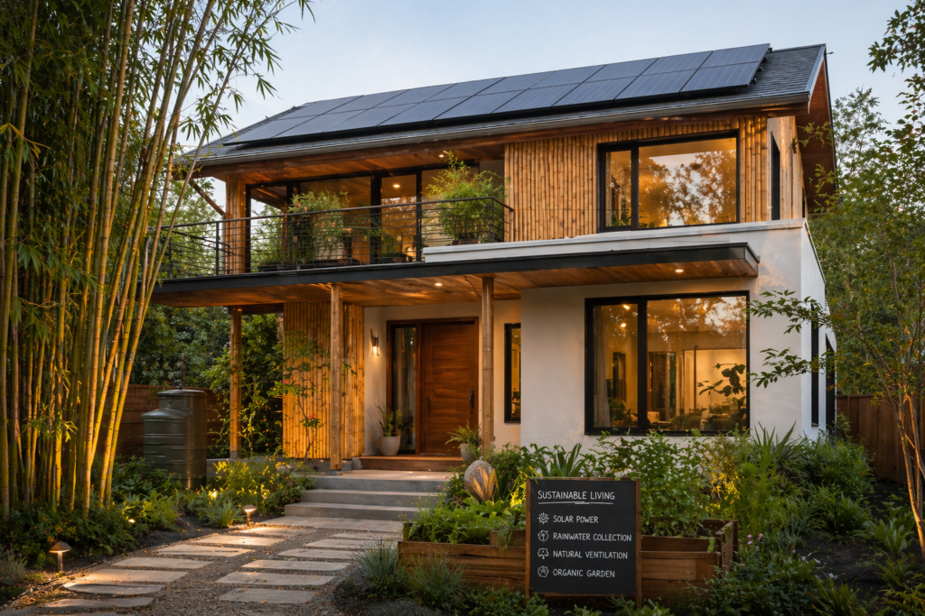 Eco-friendly bungalow with solar panels and bamboo materials for sustainable living