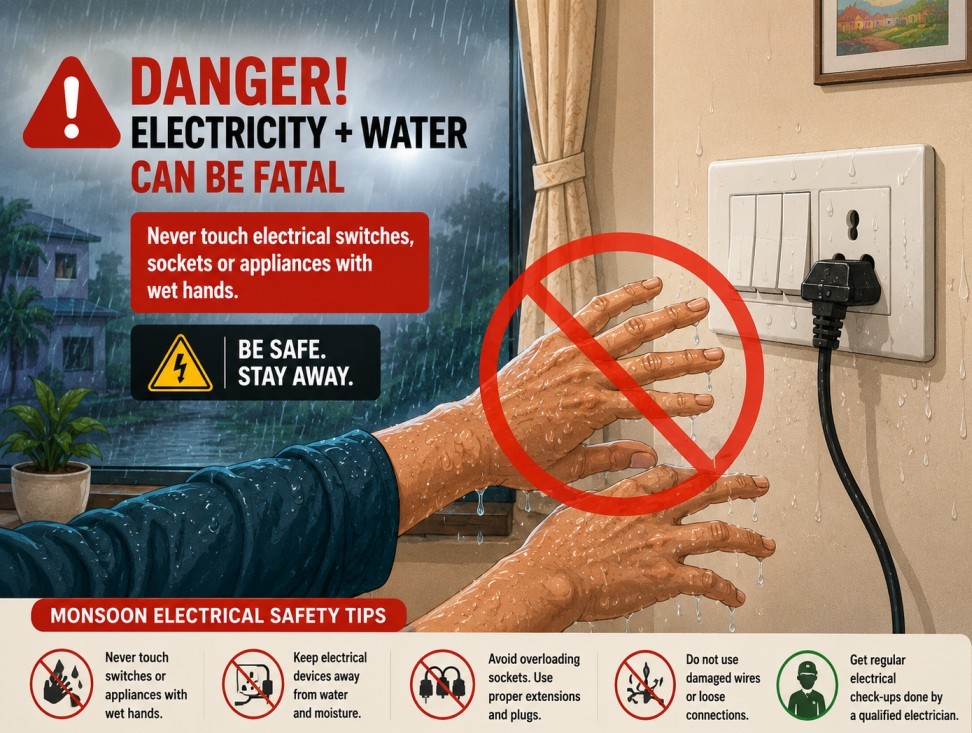 electrical safety tips during monsoon India — wet hands and socket hazard