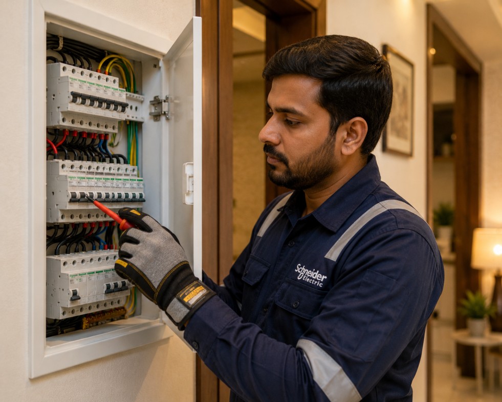 home electrical safety India — electrician checking MCB board