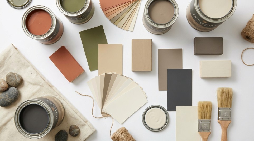 types of exterior wall paint India — paint swatches and cans