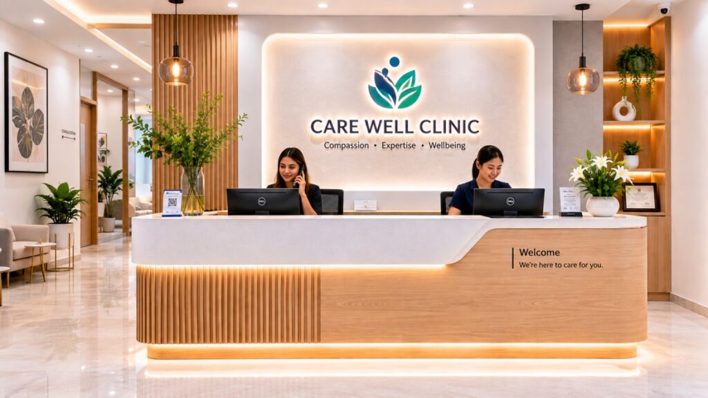 Clinic reception desk design by interior designers in Mumbai — Maksideo Design Consultants