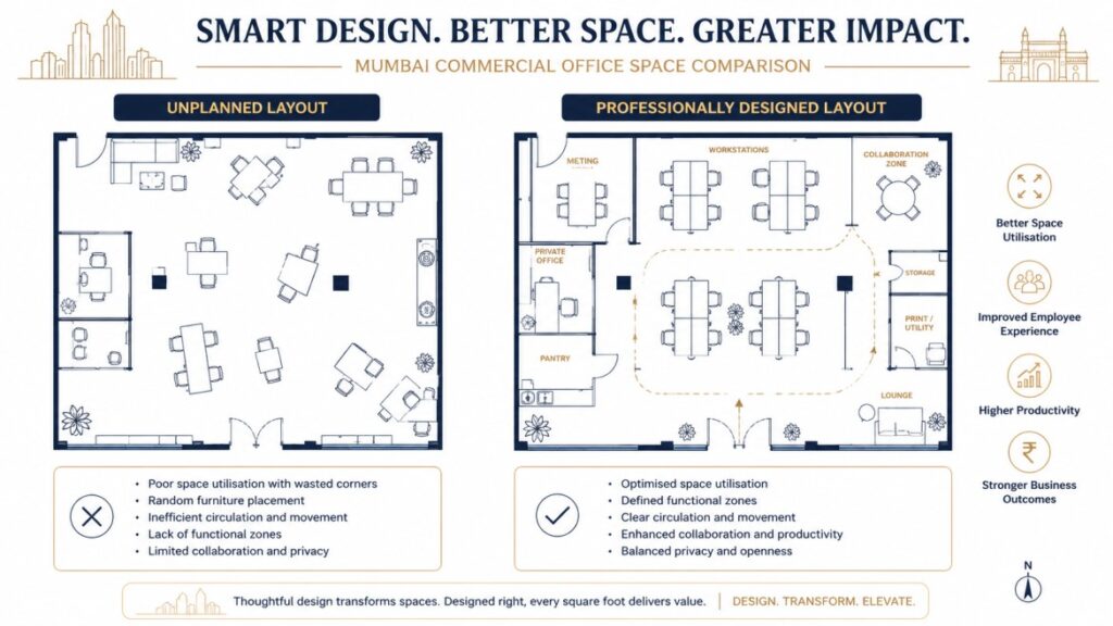Commercial office space planning comparison — inefficient vs professionally designed layout for a Mumbai office