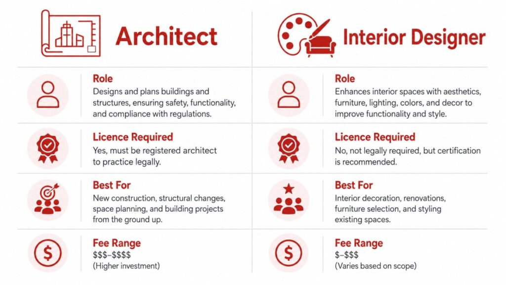 Difference between architect and interior designer in India — comparison chart