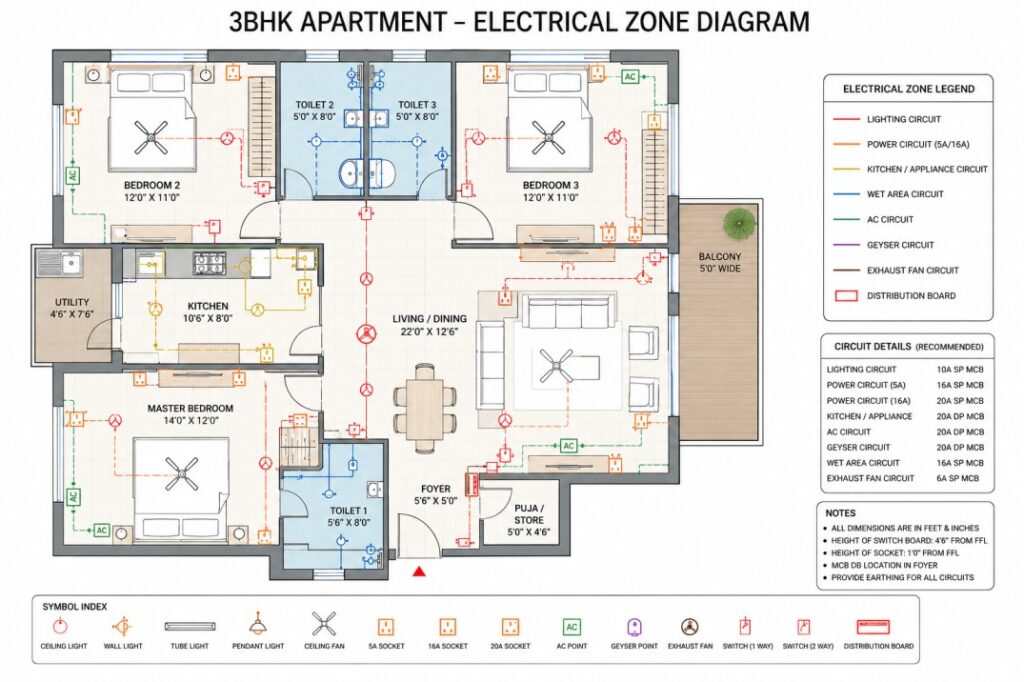 Electrical zone diagram for 3BHK house wiring layout India