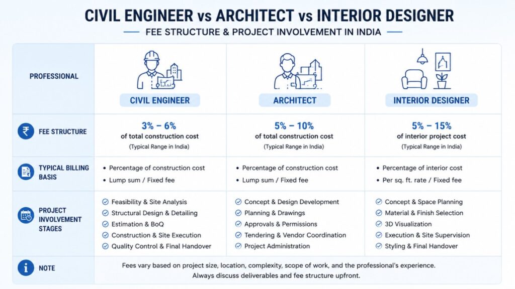 Fee comparison table for civil engineer, architect, and interior designer in India