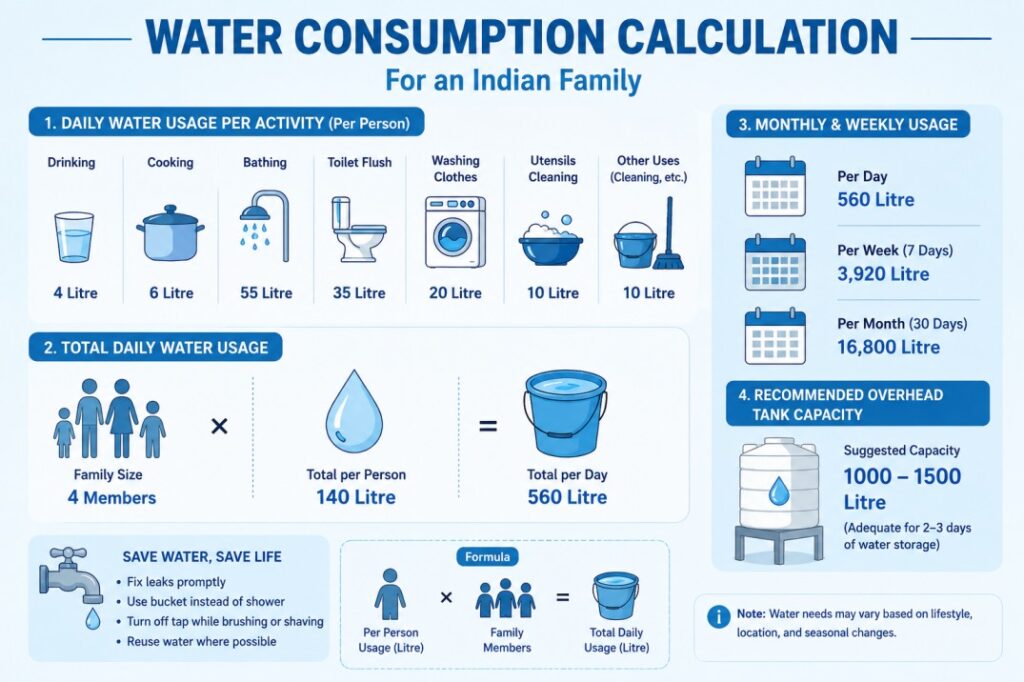 Infographic showing how to calculate water tank size for a home in India based on family members and daily usage