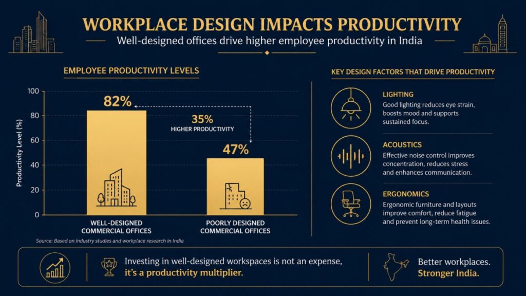 Infographic showing productivity impact of commercial office interior design quality in Indian workplaces