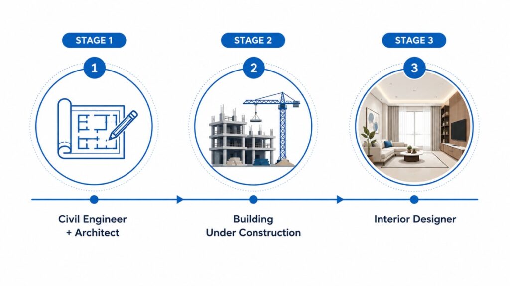 Infographic showing when to hire civil engineer, architect, and interior designer in a home project timeline