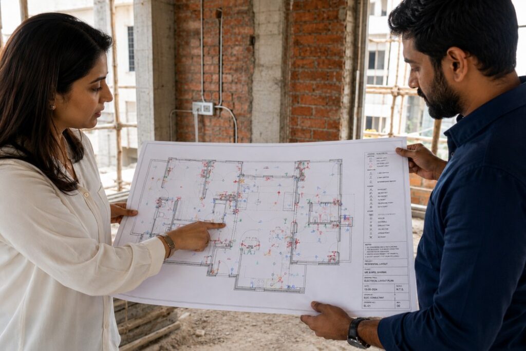 Interior designer reviewing electrical layout for new house India with homeowner