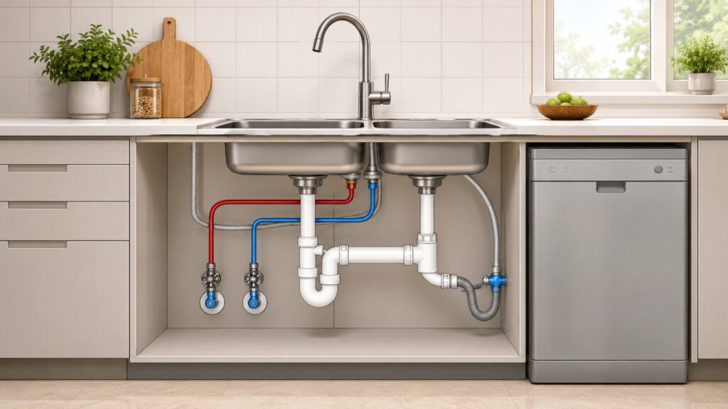 Kitchen plumbing layout showing supply and drain lines under a modular kitchen sink