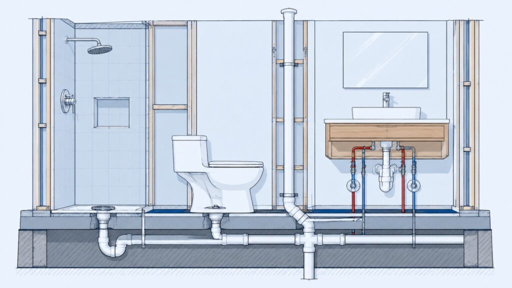 Bathroom plumbing rough-in layout showing toilet, shower, and vanity drain and supply positions