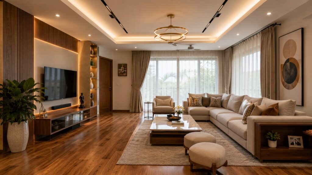 Modern interior design for a residential living room by interior designer in India