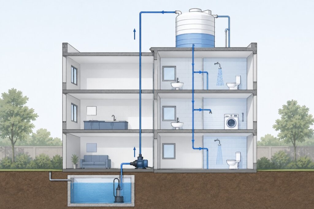 Diagram comparing overhead water tank and underground sump water storage in an Indian residential building