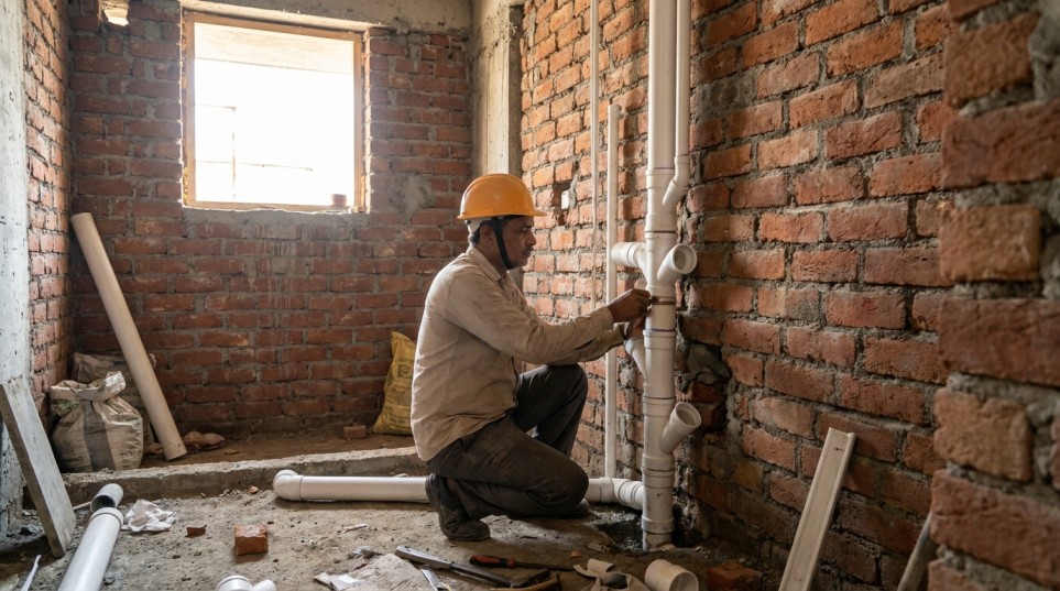 PVC SWR drainage pipe installation in under-construction home India