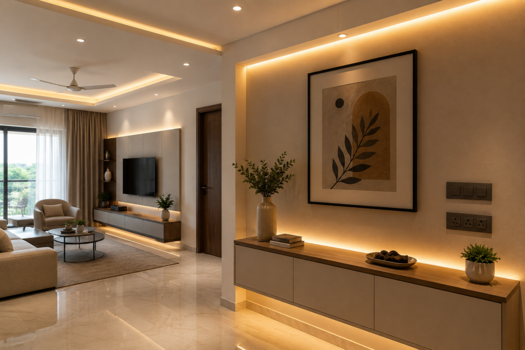Planned cove lighting and recessed downlights in a new Indian home electrical layout
