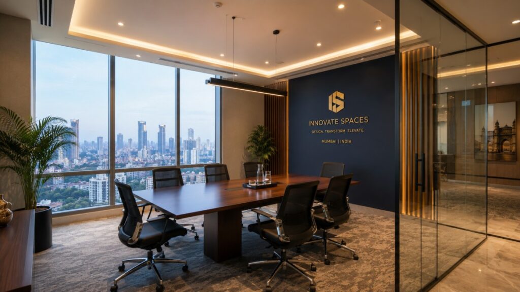Professional commercial interior design for client meeting room in a Mumbai office — designed by Maksideo Design Consultants