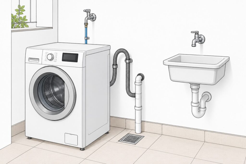Utility area plumbing layout with washing machine connections, floor drain, and water supply