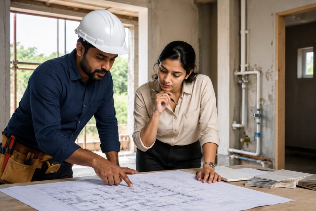 Plumber and interior designer reviewing home plumbing layout plans at a Mumbai construction site