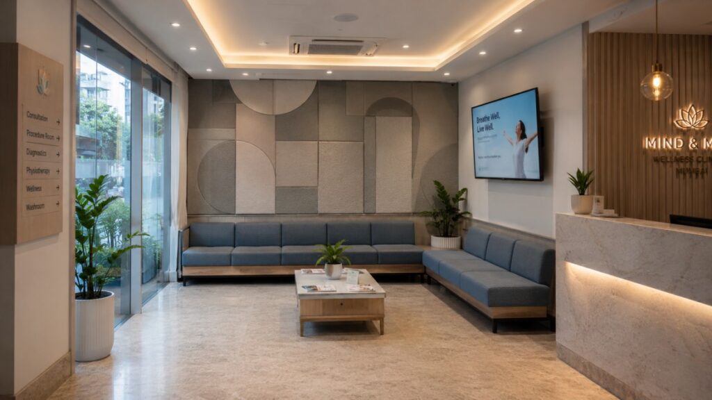 Waiting area design for clinic interior in Mumbai — biophilic approach by Maksideo Design Consultants