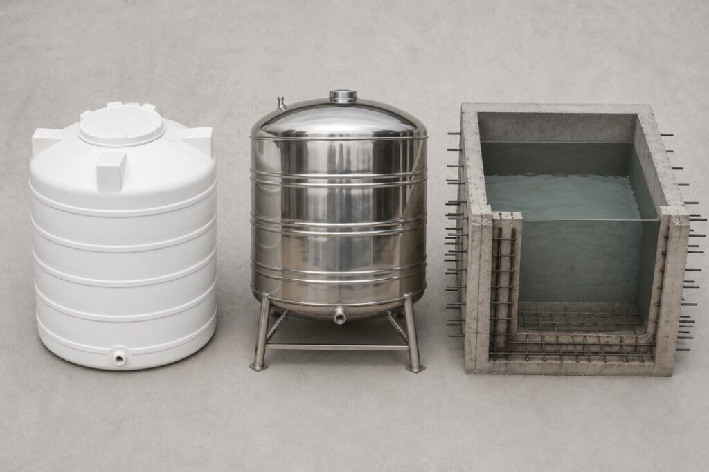 Comparison of water tank materials for Indian homes — plastic polyethylene, stainless steel, and RCC concrete