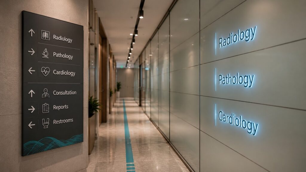 Wayfinding signage design for diagnostic centre interior — Maksideo Design Consultants, Mumbai