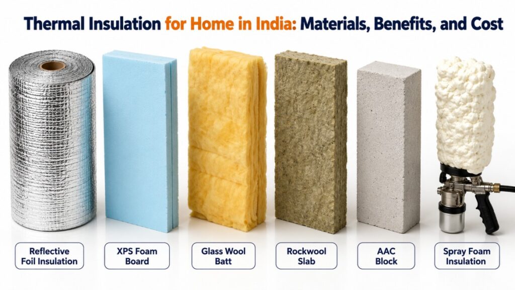 home insulation materials India — reflective foil, XPS board, glass wool, rockwool, AAC block, spray foam comparison