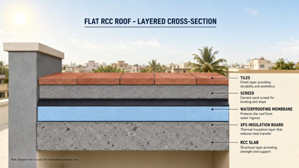 roof insulation India — layer diagram for flat RCC roof showing XPS board, waterproofing, and screed